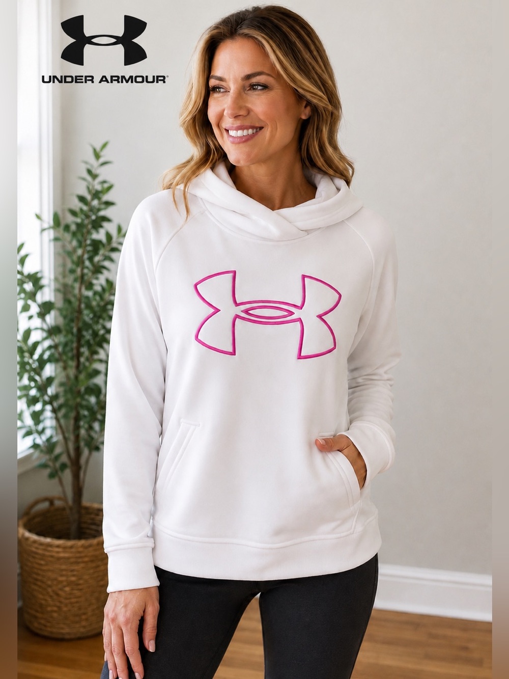 Under Armour White Hoodie Sweatshirt Medium Pink Logo Pullover Athletic